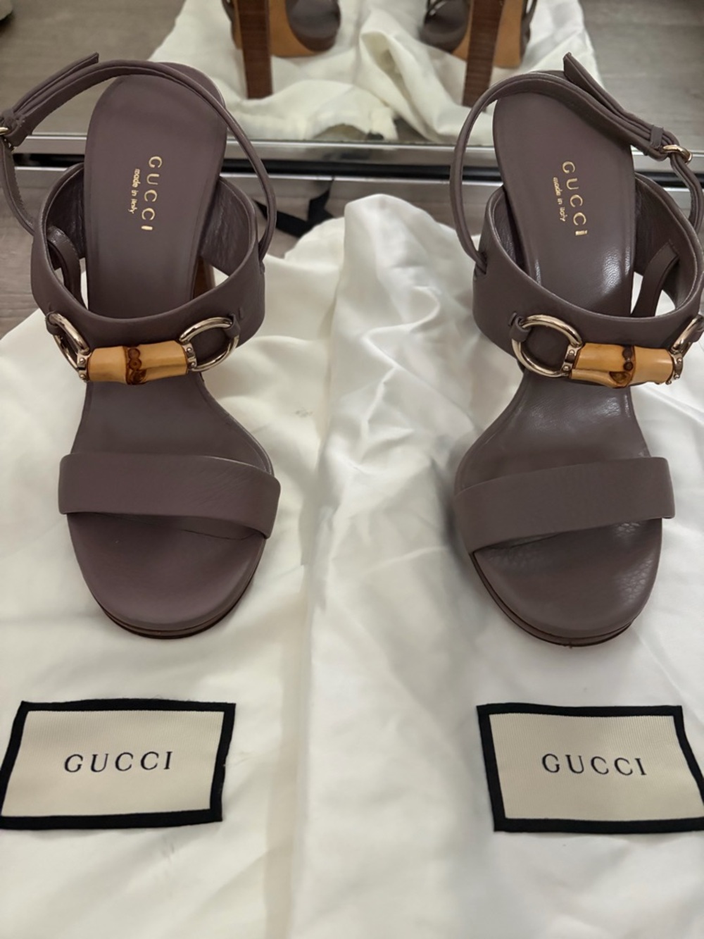 Gucci Taupe Leather Heeled Sandals with Bamboo Detail